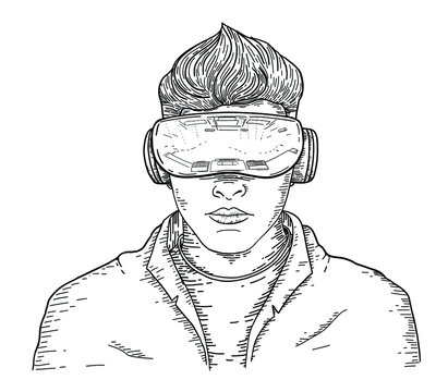 Vector Hand Drawn Engraving Style Guy wearing Virtual Reality headset Abstract VR world Person wearing virtual reality glasses and traveling the world Meta verse Virtual guide Technology Concept
