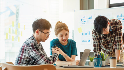 Start up meeting entrepreneurship new business asian businesswoman taking and discussing at desk.