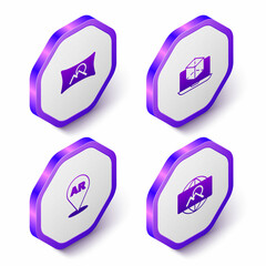 Set Isometric Wide angle picture, 3d modeling, Augmented reality AR and icon. Purple hexagon button. Vector