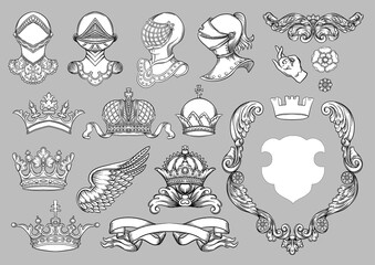 Set of crowns, knight, helmet, shield, coat of arms, ribbon, heraldry for traditional design of coats of arms and shields. Clip art, set off elements for design Vector illustration. - obrazy, fototapety, plakaty