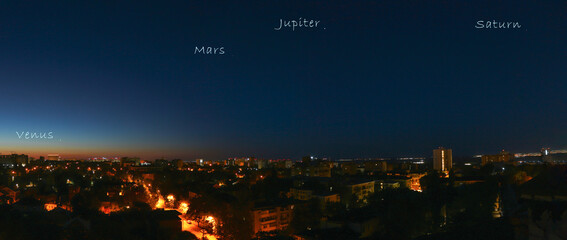Astrophotography of the night sky with Venus, Mars, Jupiter and Saturn. Parade of planets in the...