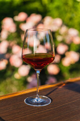 A glass of red wine against outdoor garden background.