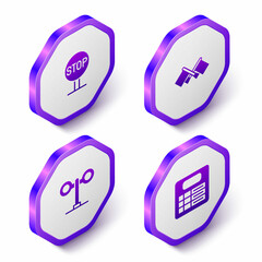 Set Isometric Stop sign, Flag, Train traffic light and station board icon. Purple hexagon button. Vector
