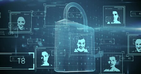 Animation of user photos, digital padlock and data processing on black background - Powered by Adobe