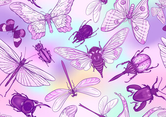 Set of insects: beetles, butterflies, moths, dragonflies. Etymologist's set. Seamless pattern, background. Vector illustration. In realistic style on soft pastel background