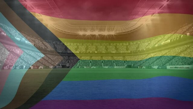 Aniamation of rainbow flag over sports stadium