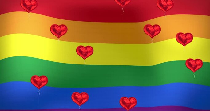 Animation of hearts floating over rainbow flag
