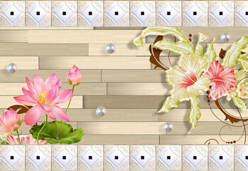 3D lotus flower wallpaper and pearls with wooden background