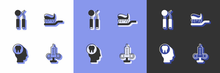 Set Syringe, Dental mirror and probe, Toothache and Toothbrush with toothpaste icon. Vector