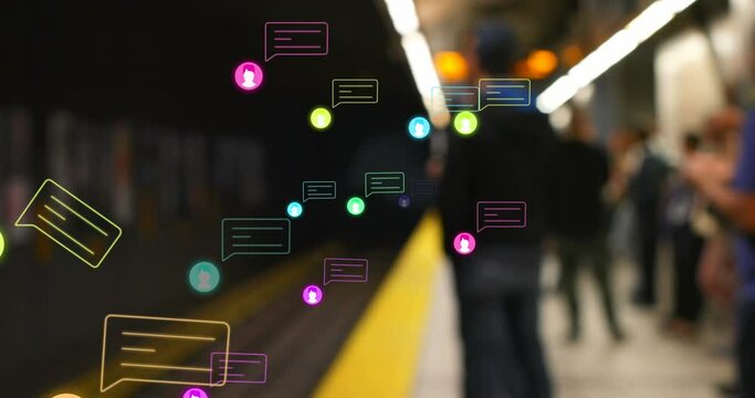 Animation of social media reactions over blurred train station