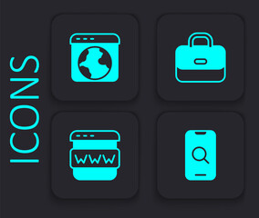 Set Magnifying glass and mobile, Worldwide, Briefcase and Browser window icon. Black square button. Vector