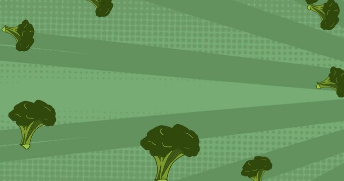 Animation of broccoli falling on green background