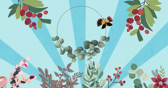 Animation of plants, flowers and wreath on blue background