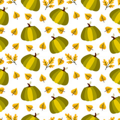 Autumn seamless pattern design with pumpkins and autumn leaves. Fall seamless background for textile, wrapping paper, packaging, cards, web banners. 