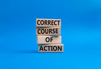 Correct course of action symbol. Concept words Correct course of action on wooden blocks. Beautiful blue background. Business and Correct course of action concept. Copy space.