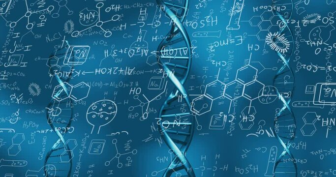 Animation of dna rotating over chemical formulas on blue background