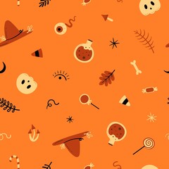 cute hand drawn seamless halloween pattern on orange background, suitable for apparel, textile, fabric, print, gift wrapping, design