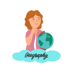This is a cartoon girl student holding a globe in a geography lesson studying countries. School illustration