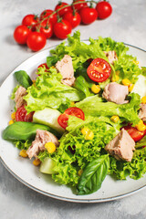 Tuna Fish Salad with Lettuce, Cherry Tomatoes, Cucumber and Corn on concrete background
