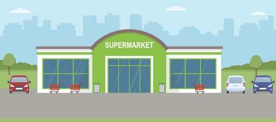 Supermarket building with parking lot. Urban landscape. Flat style, vector illustration.