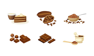 Chocolate and cocoa beans set. Chocolate bar, candies, cake and cup of cacao vector illustration