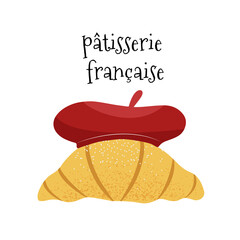 Cute hand drawn croissant in red felt beret, French traditional pastry. Vector illustration in flat style, isolated on white background