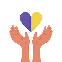Human hands holding a heart with Ukrainian flag, supporting and sending love. Isolated vector illustration on white background