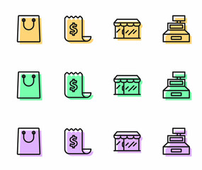 Set line Market store, Paper shopping bag, check and financial check and Cash register machine icon. Vector