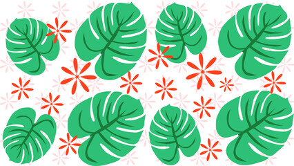 Monstera leaves and flowers pattern. Summer content.