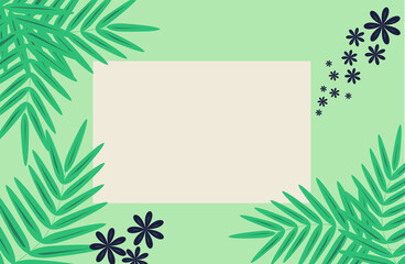 Frame with palm leaves and flowers. Free copyspace.