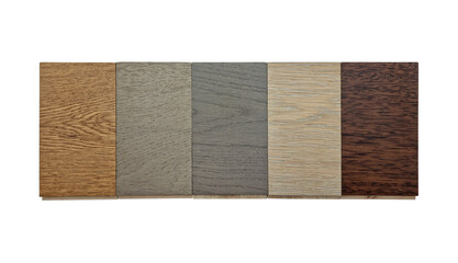 display of engineered hard wood flooring samples in different color and texture consists of tints, grey oak, natural maple, ash for home remodeling. interior material samples isolated on background.