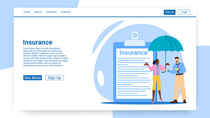 Insurance.People on the background of an umbrella and a contract.An illustration in the style of a green landing page.