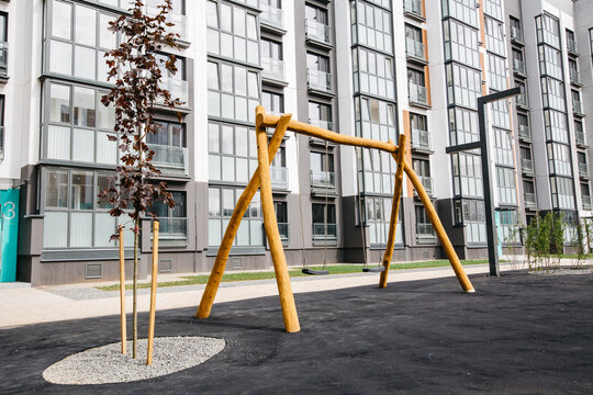 Children's and adult's playground in a modern European residential neighborhood
