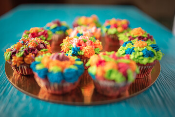 Delicious organic homemade cupcake on a colorful ceramic plate.