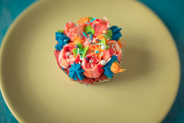 Delicious organic homemade cupcake on a colorful ceramic plate.