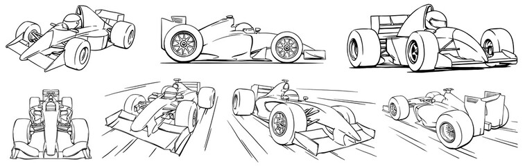 Linear isolated formula one set illustration ink sketch. Race car background speed track art