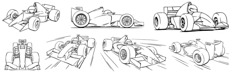 Schilderijen op glas Linear isolated formula one set illustration ink sketch. Race car background speed track art © Turaev