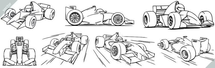Photo sur Plexiglas Voitures de dessin animé Linear isolated formula one set illustration ink sketch. Race car background speed track vector art