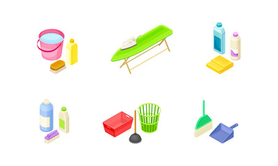 Household cleaning supplies set. Bucket, detergent bottles, iron and ironing board vector illustration