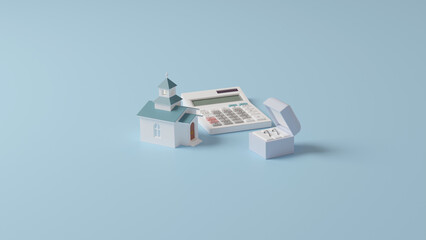 平面上に置かれた指輪とミニチュアのチャペル、電卓の3Dレンダリングイラスト