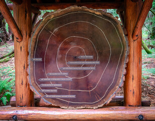 Cross section of a giant redwood tree in Muir Woods, CA, dating back to 909 AD, with annual rings...