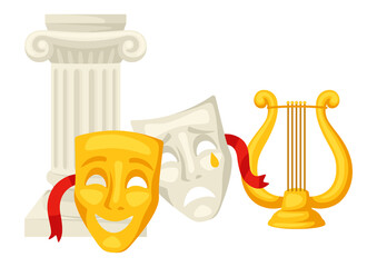 Background with traditional theatre symbols. Illustration for theatrical performance.