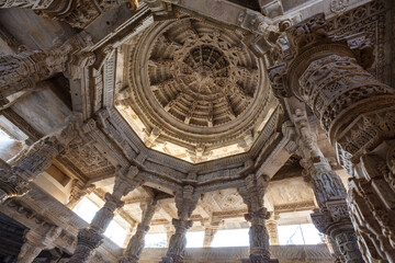 Ornate interior of the Adinatha temple,  a Jain temple in Ranakpur, Rajasthan, India, Asia