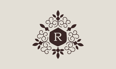 Luxury vector linear logo, company icon, letter R. Decorative frame for restaurant menu, hotel, jewelry, fashion, label, sign, banner.