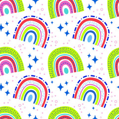 Vector seamless pattern with rainbows of bright colors with a beautiful ornament highlighted on a white background is ideal for children's posters.