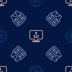 Set line Outboard boat motor, Fishing jacket and hook on seamless pattern. Vector