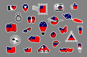 Patriotic travel stickers set in colors of national flag on white background. Samoa