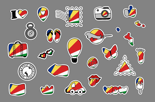 Patriotic travel stickers set in colors of national flag on white background. Seychelles - Powered by Adobe