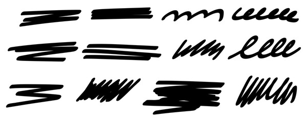 Highlight underline and strike stroke through. Pen line template. Hand drawn marker line stroke set. Vector illustration isolated on white background. - obrazy, fototapety, plakaty