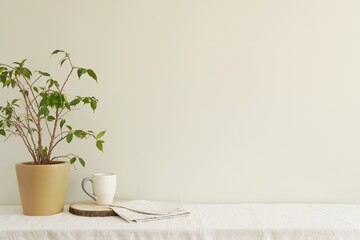 Obraz na płótnie Canvas Empty wall mockup for design or art presentation, shelf with linen tablecloth, flower in the pot and coffee cup, minimalist interior.